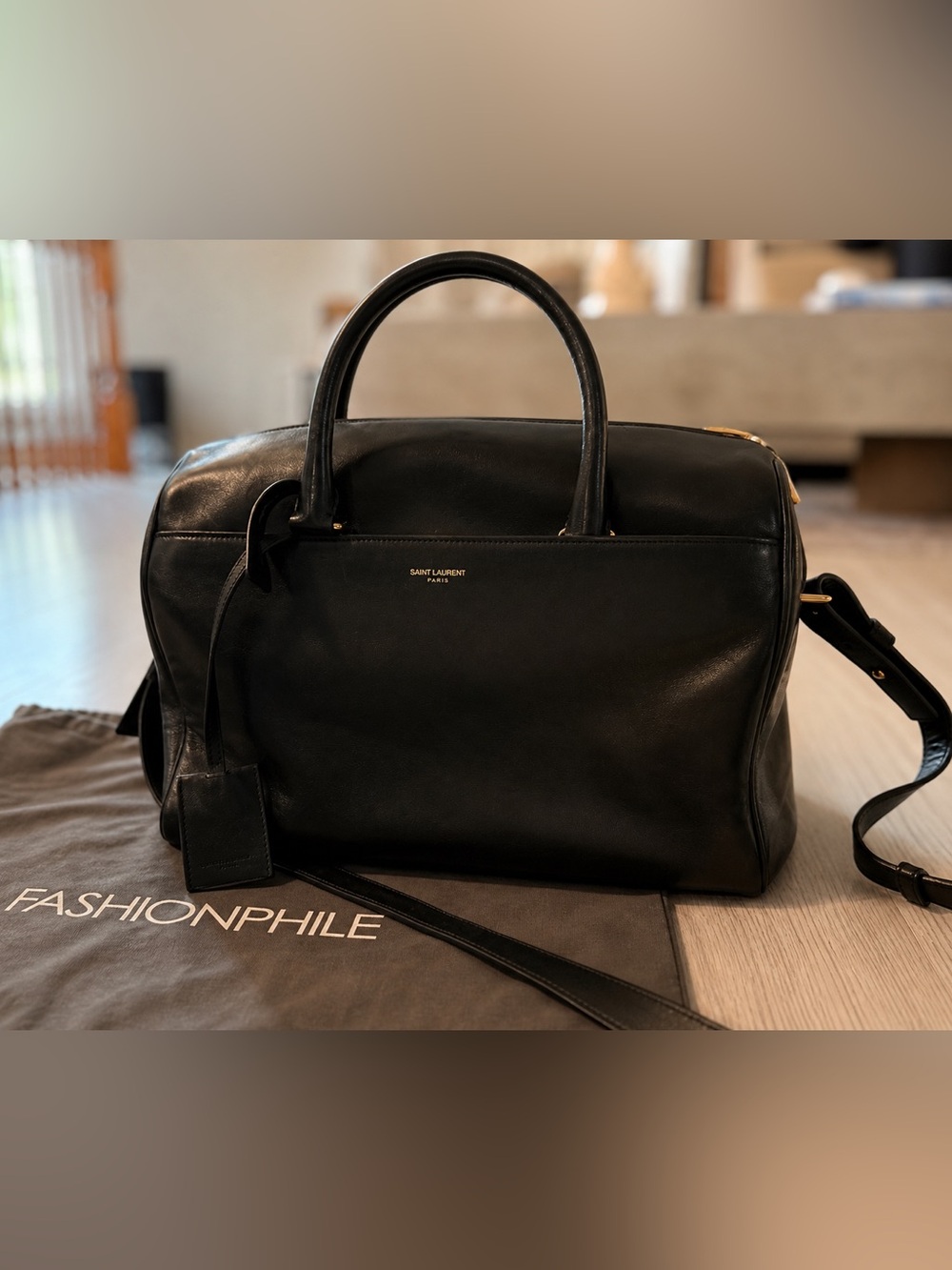 Saint Laurent Black Leather Travel Satchel with Gold Accents - Picture 2 of 5